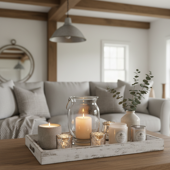 Candles and decorative items on a wooden tray in a cozy living room.