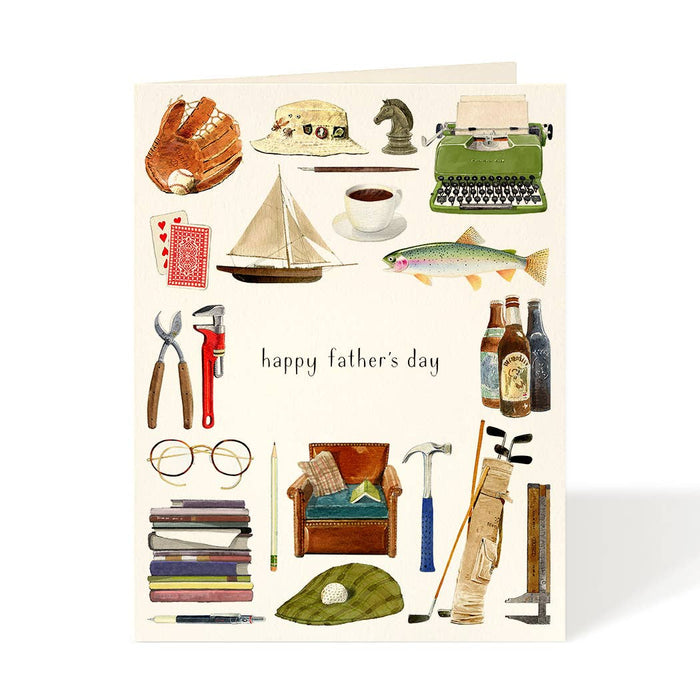 Father's Day card with vintage tools, books, fishing items collage and 'happy father's day'