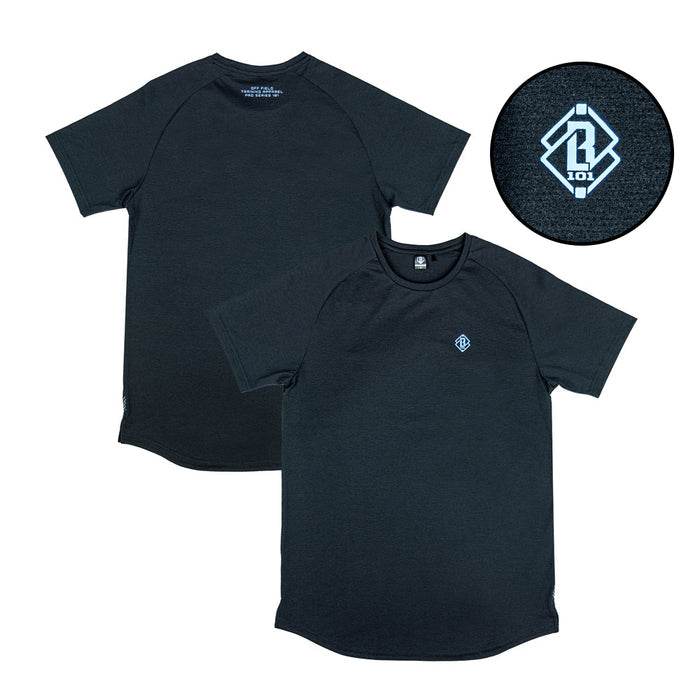 Youth model wearing black and light blue Diamond Tech youth graphic tee