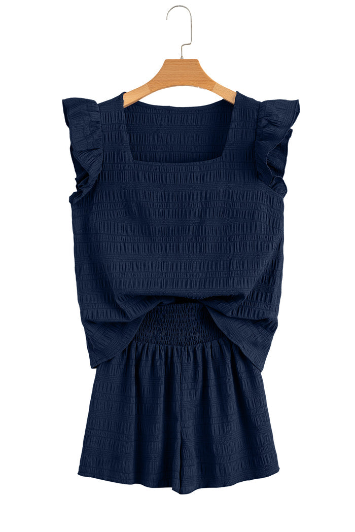 Dirty Blue Textured Ruffle Top and Shirred High Waist Shorts Set