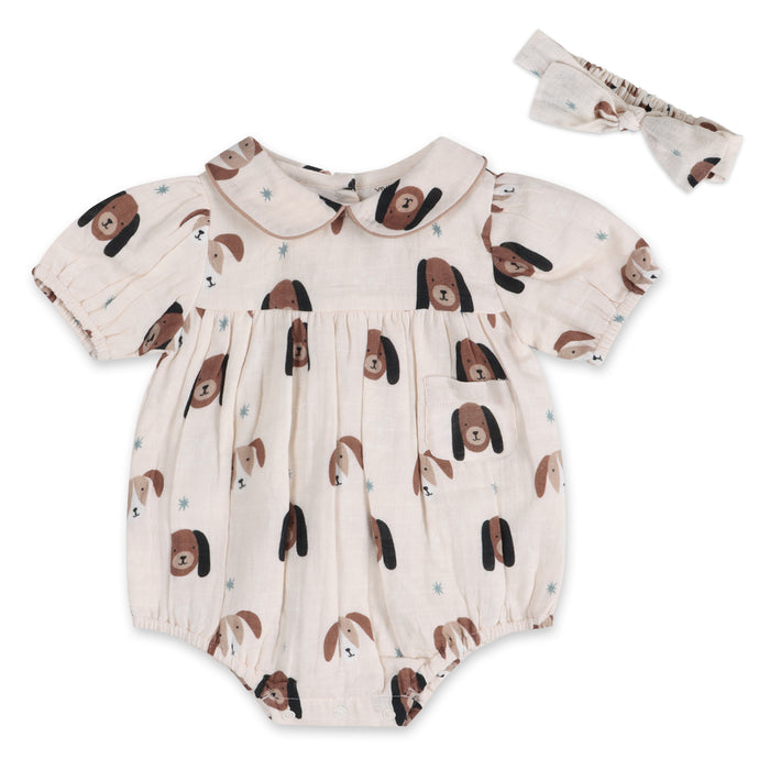 Doggies Peter Pan Collar Baby Romper + Headband (Organic Muslin)