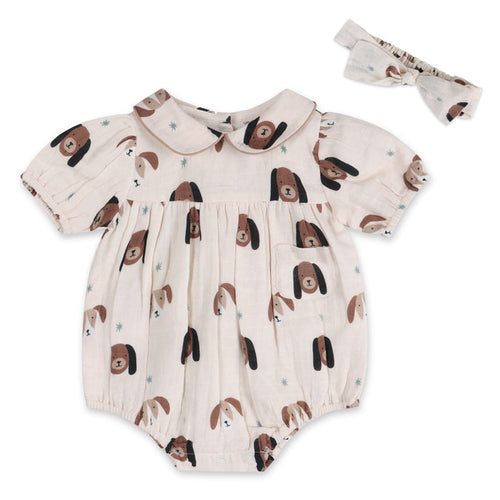 Doggies Peter Pan Collar Baby Romper + Headband (Organic Muslin)