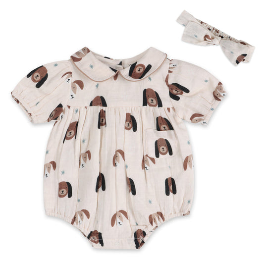 Doggies Peter Pan Collar Baby Romper + Headband (Organic Muslin)