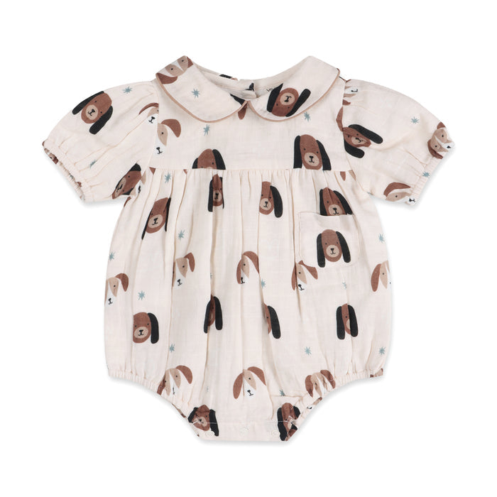 Doggies Peter Pan Collar Baby Romper Front (Organic Muslin)