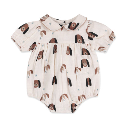 Doggies Peter Pan Collar Baby Romper Front (Organic Muslin)