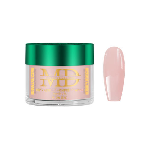 Jar of MD nail powder with a pink nail tip color swatch on a white background