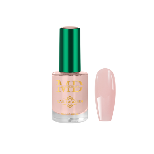 Pink nail polish bottle with green cap on a white background