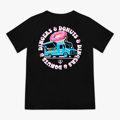 Black youth graphic tee with “Donut Truck” design — back view