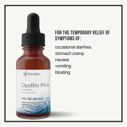 DysBio Plus by DesBio (Formerly Intestinal Distress) is for the temporary relief of symptoms including occasional diarrhea, stomach cramp, nausea, vomiting, and bloating.