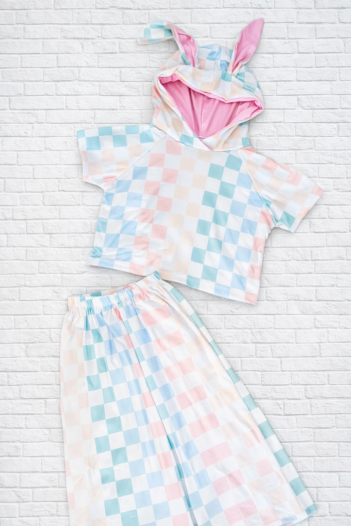 Easter Checks Modest crop raglan w/ bunny ears & flow pants