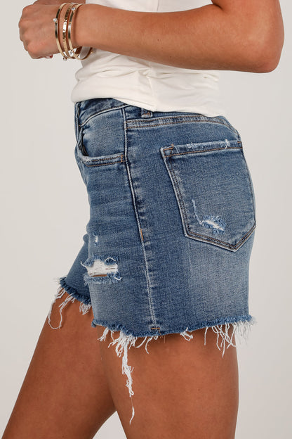 Elena Medium Wash High-Rise Distressed Denim Shorts