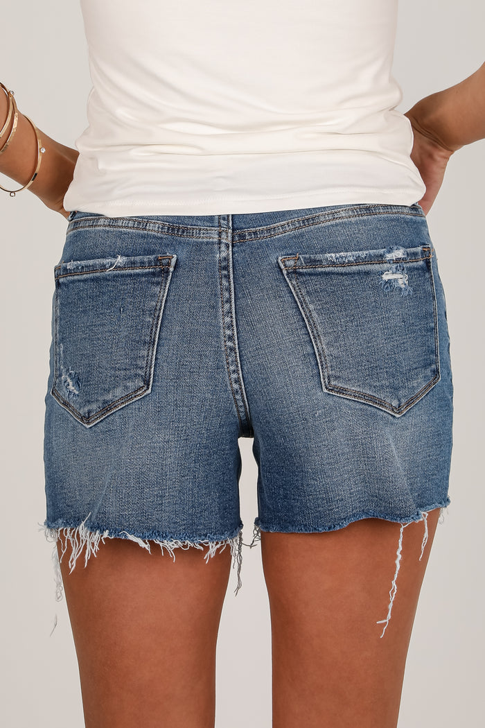 Elena Medium Wash High-Rise Distressed Denim Shorts