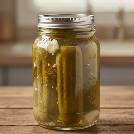 Mason jar filled with pickles on a wooden surface