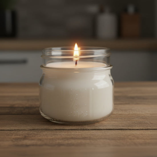 Candle in a glass jar on a wooden surface with a blurred background