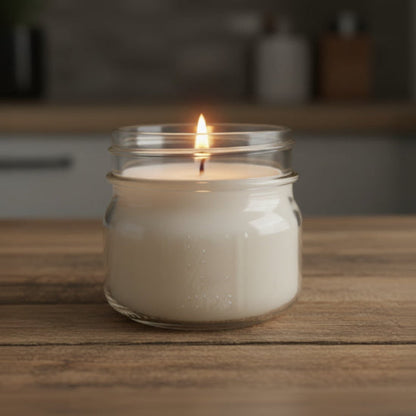 Candle in a glass jar on a wooden surface with a blurred background
