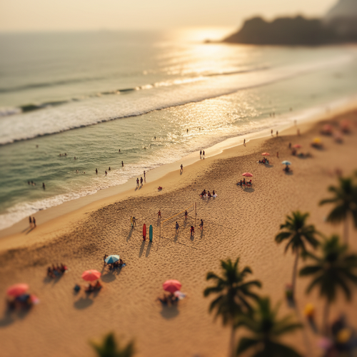 People playing volleyball on a beach with palm trees and a sunset.