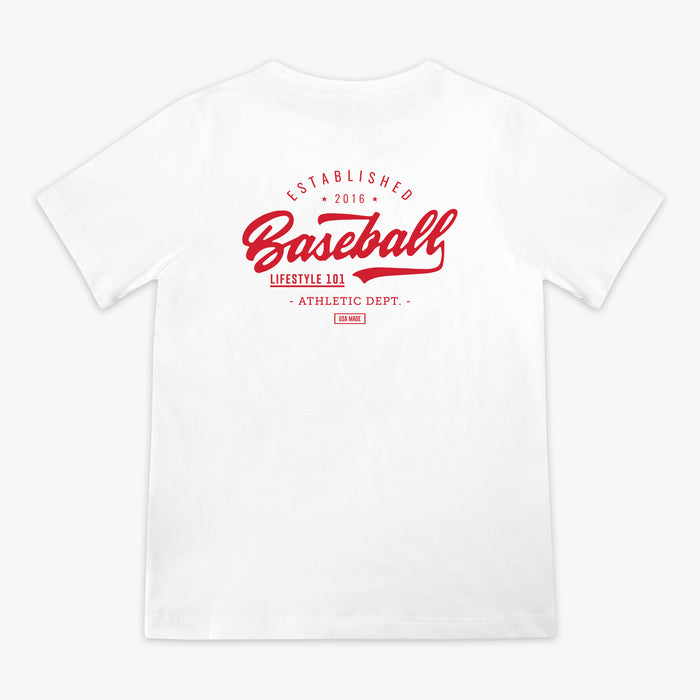White t-shirt with red 'Baseball Lifestyle' text on a white background