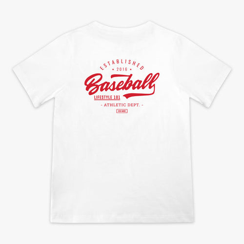 White t-shirt with red 'Baseball Lifestyle' text on a white background