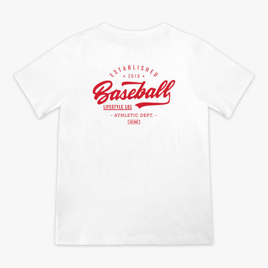 White t-shirt with red 'Baseball Lifestyle' text on a white background