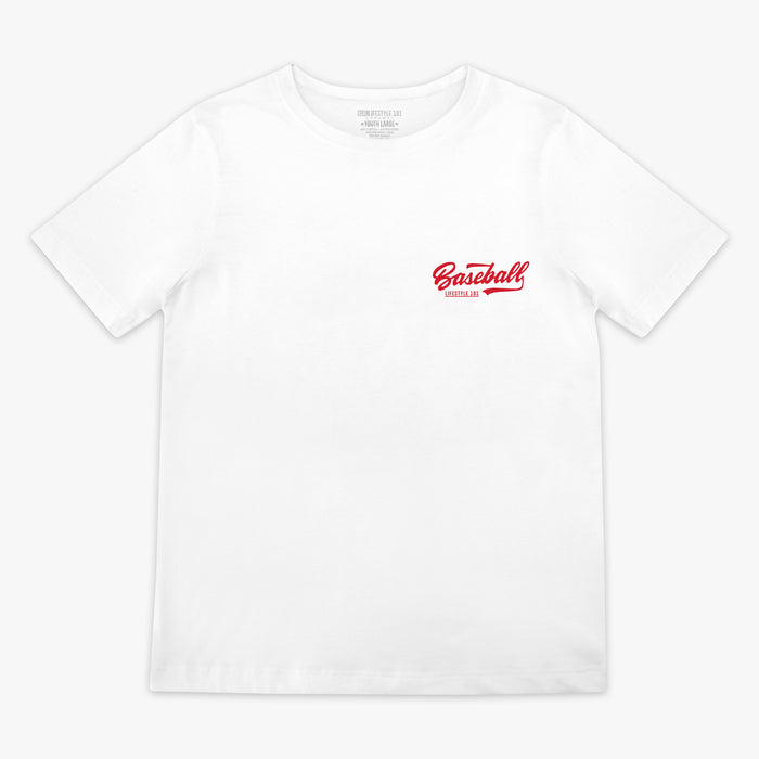 White t-shirt with red 'Baseball Lifestyle 101' text in top corner
