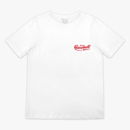 White t-shirt with red 'Baseball Lifestyle 101' text in top corner