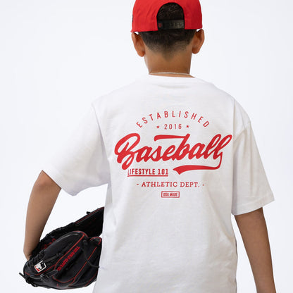 Person wearing a white t-shirt with red text and a red cap, holding a black baseball glove on a white background.