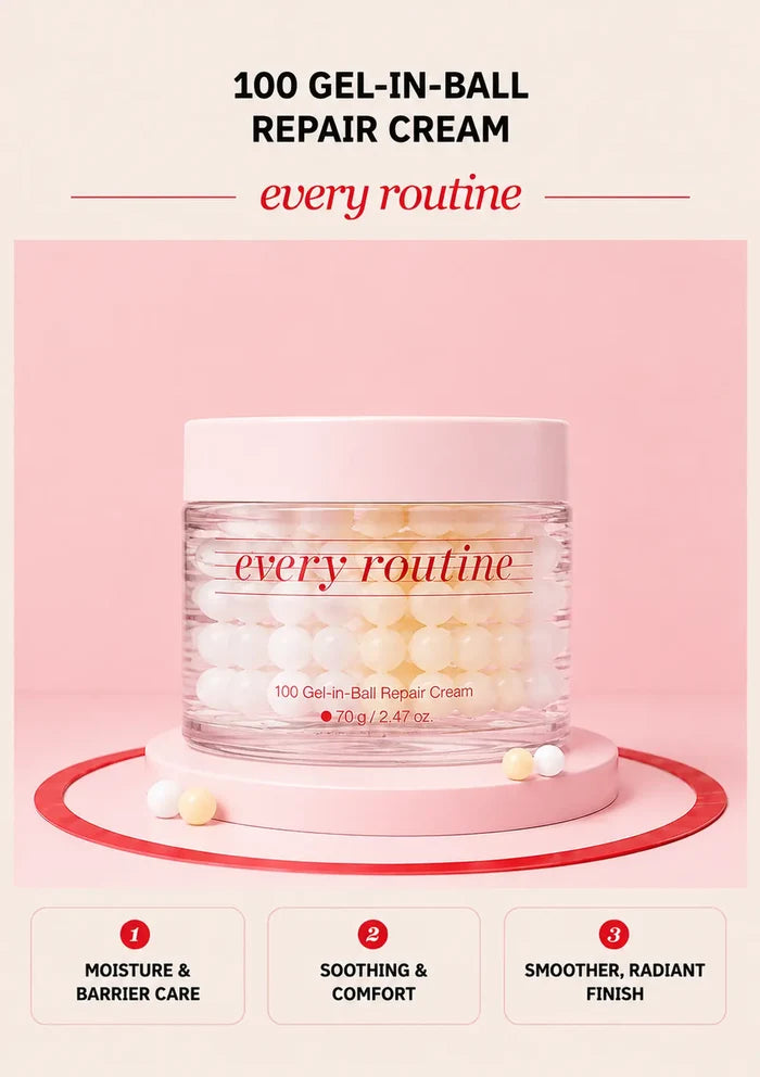 Every Routine 100 Gel-in-Ball Repair Cream jar with visible gel capsules on a pink podium