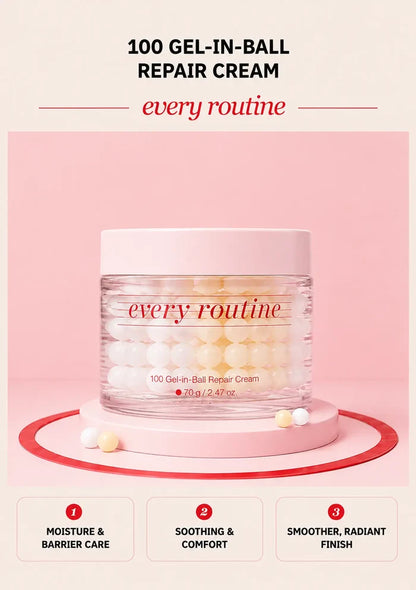 Every Routine 100 Gel-in-Ball Repair Cream jar with visible gel capsules on a pink podium