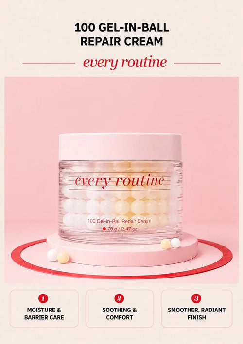Every Routine 100 Gel-in-Ball Repair Cream jar with visible gel capsules on a pink podium