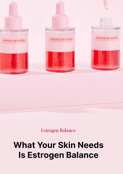Three skincare bottles with red liquid and pink caps on a light pink background, featuring the brand 'every routine'.