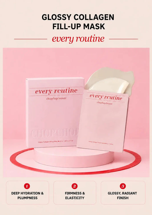 Every Routine Glossy Collagen Fill-Up Mask box and sheet-mask sachets on a pink podium