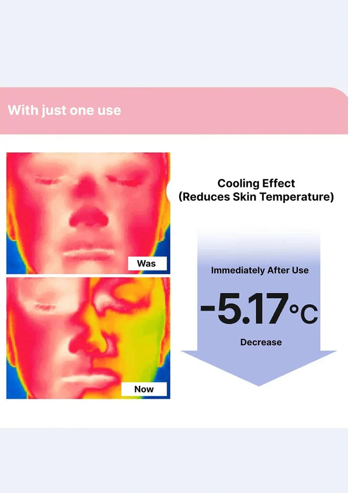 Thermal imaging comparison of a person's face with text indicating cooling effect and temperature decrease.