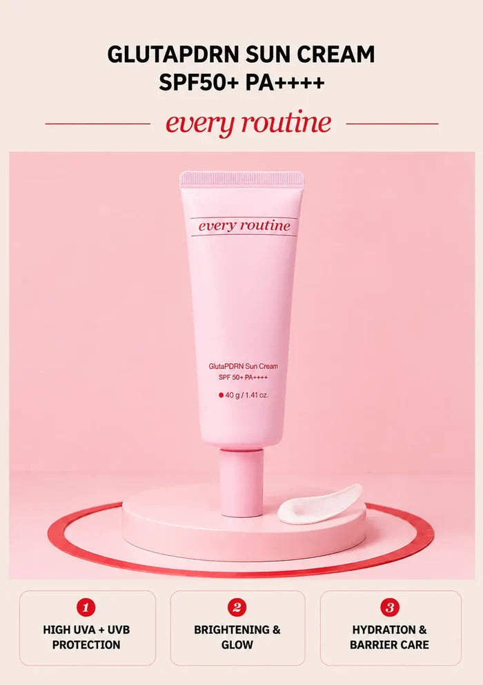 Every Routine GlutaPDRN Sun Cream SPF50 tube with cream texture on a pink podium
