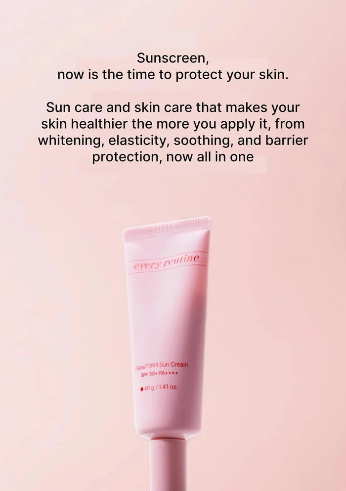 Tube of sunscreen with promotional text on a pink background