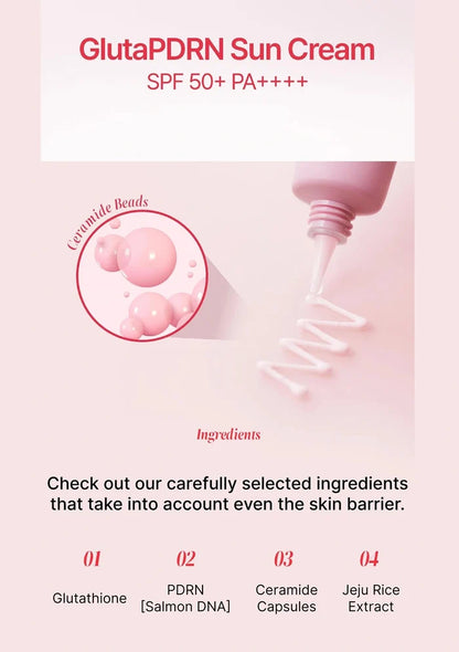 Advertisement for GlutaPDRN Sun Cream with SPF 50+ PA++++ on a pink background.