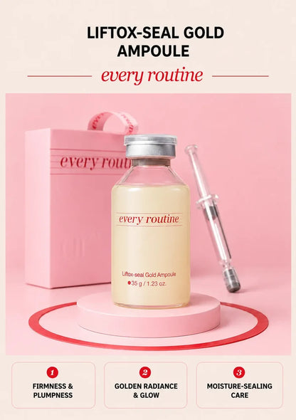Every Routine Liftox-seal Gold Ampoule bottle with applicator on a pink podium