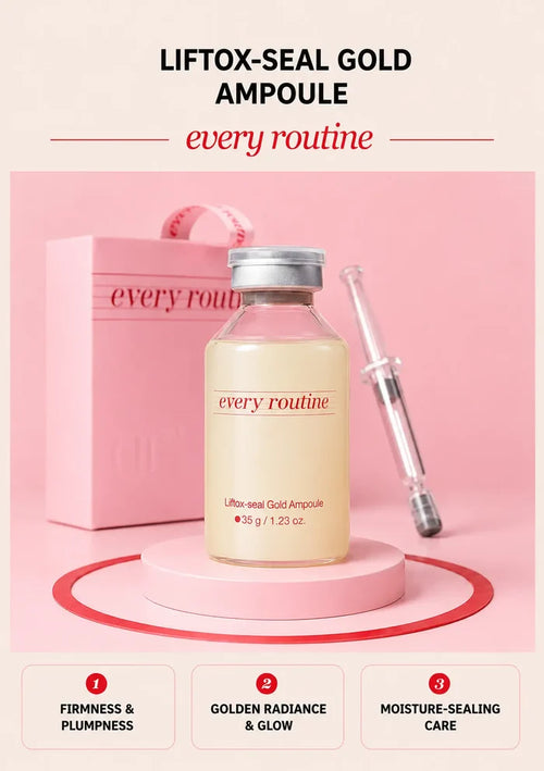 Every Routine Liftox-seal Gold Ampoule bottle with applicator on a pink podium
