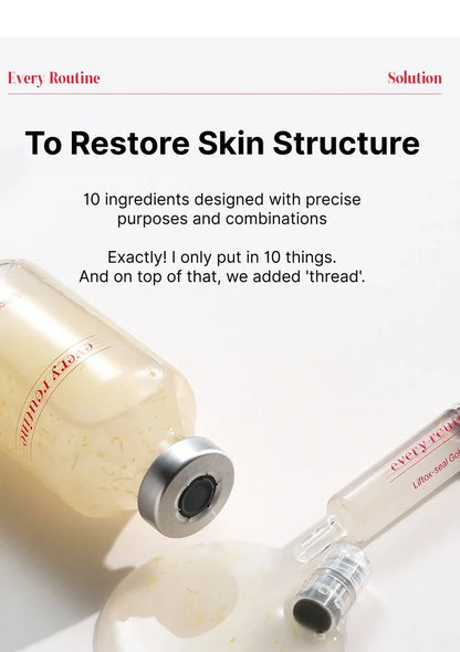 Skincare product bottles with text about restoring skin structure and ingredient combinations.