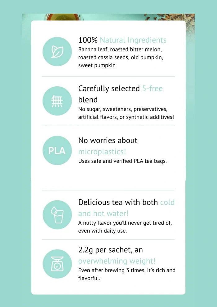 Product label with natural ingredients and features on a teal background