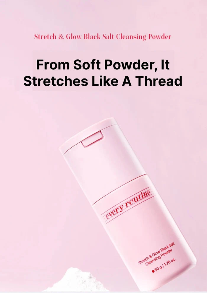 Cleansing powder bottle with text on a pink background