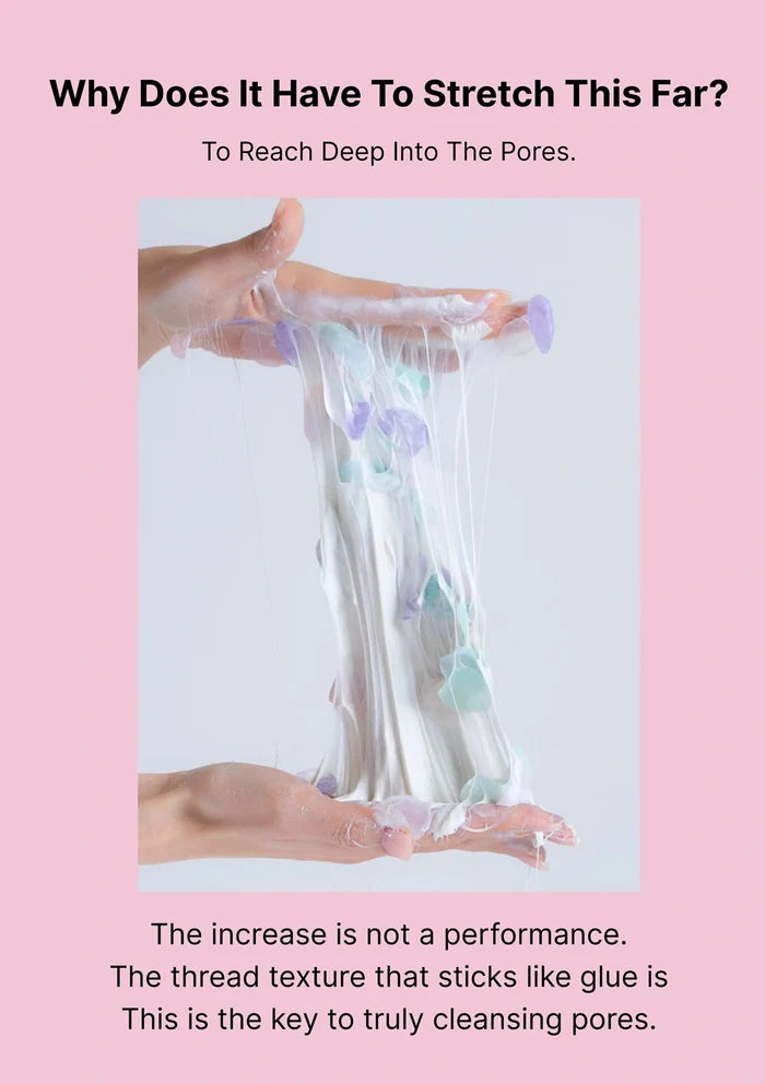 Person stretching a thread-like product against a pink background with text about pore cleansing.
