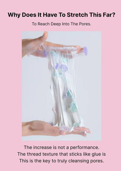 Person stretching a thread-like product against a pink background with text about pore cleansing.