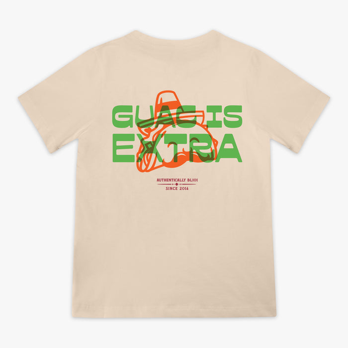 Beige t-shirt with 'Guac is Extra' graphic design on a white background