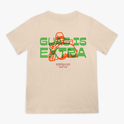 Beige t-shirt with 'Guac is Extra' graphic design on a white background