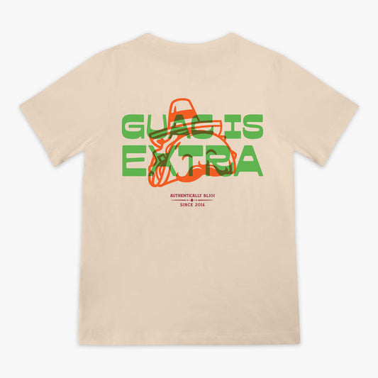 Beige t-shirt with 'Guac is Extra' graphic design on a white background