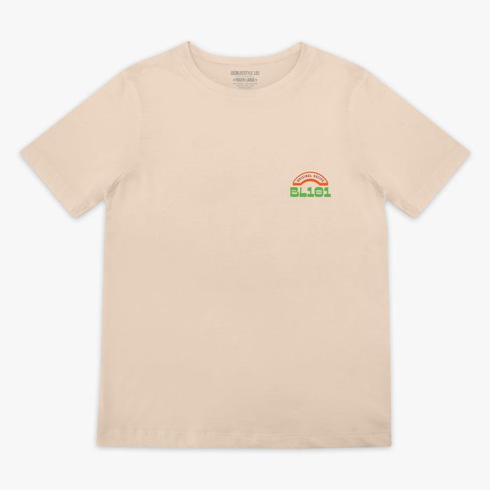 Beige t-shirt with a BL101 logo on the chest against a white background