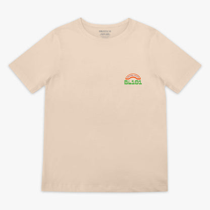 Beige t-shirt with a BL101 logo on the chest against a white background