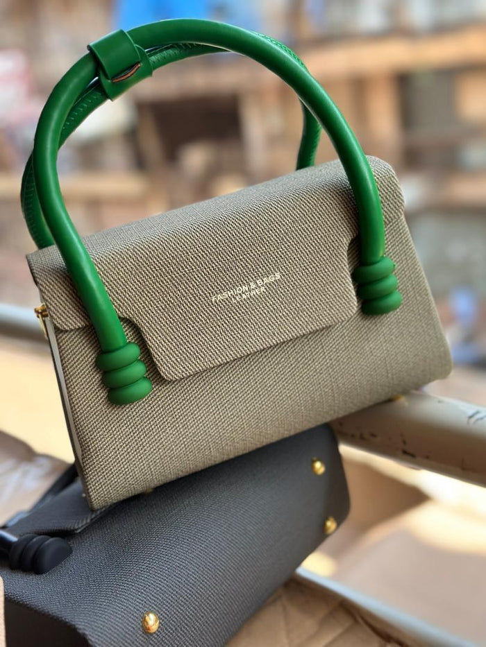 Fashion & Bags Leather Mini Top Handle Bag | Arch Handle | Beige Tweed | Green Handle | Gold Hardware | Women
