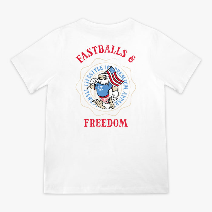 Youth graphic tee with “Fastballs & Freedom” design — back view