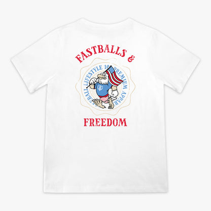 Youth graphic tee with “Fastballs & Freedom” design — back view